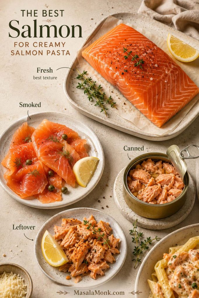 Fresh salmon, smoked salmon, canned salmon, and leftover cooked salmon options for creamy salmon pasta