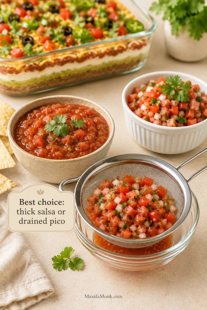 Chunky salsa, drained pico de gallo, and thin salsa in a fine-mesh strainer with text saying thick salsa or drained pico is best.