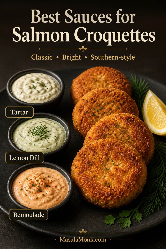 Salmon croquettes served with three sauces labeled tartar, lemon dill, and remoulade