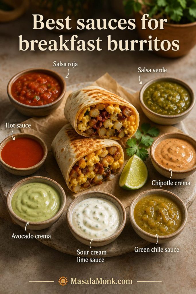 Sauce guide showing salsa roja, salsa verde, hot sauce, chipotle crema, avocado crema, sour cream lime sauce, and green chile sauce with a breakfast burrito