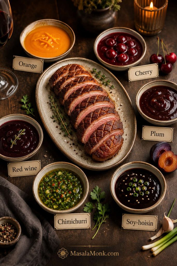 Sliced duck breast with bowls of orange, cherry, plum, red wine, chimichurri, and soy-hoisin sauces