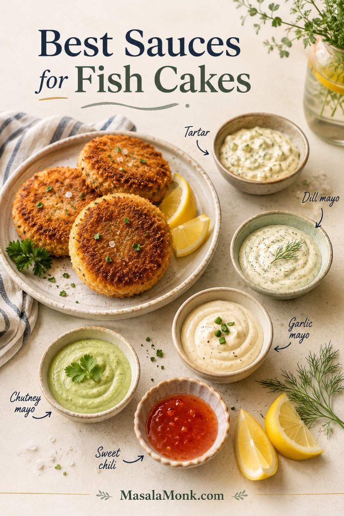 Fish cakes served with tartar sauce, dill mayo, garlic mayo, chutney mayo, sweet chili sauce, lemon, and herbs
