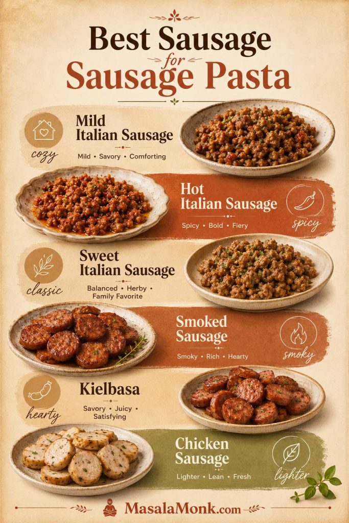 Sausage chooser board showing mild Italian sausage, hot Italian sausage, sweet Italian sausage, smoked sausage, kielbasa, and chicken sausage.