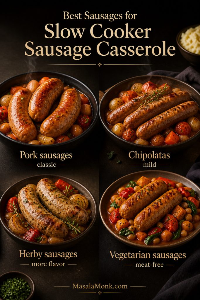 Sausage choices for slow cooker sausage casserole including pork sausages, chipolatas, herby sausages and vegetarian sausages.
