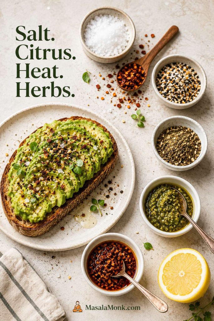 Seasoning palette for avocado toast with flaky salt, chili flakes, everything seasoning, za’atar, pesto, chili crisp, lemon, and herbs.