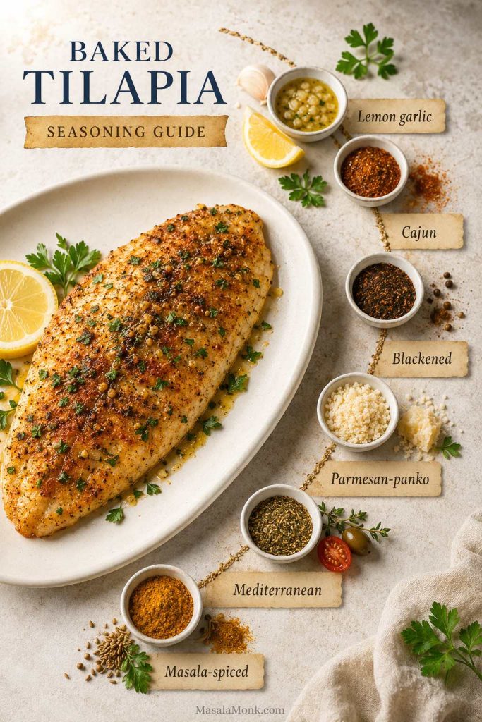 Seasoning ideas for tilapia with lemon garlic, Cajun, blackened, parmesan-panko, Mediterranean, and masala-spiced options.