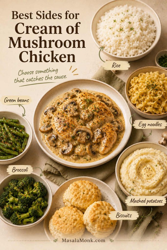 Side dish guide for cream of mushroom chicken with rice, egg noodles, mashed potatoes, biscuits, broccoli, and green beans.