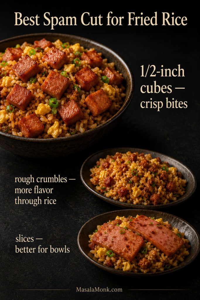 Comparison of Spam cut styles for fried rice, showing browned half-inch cubes, rough crumbles, and rectangular slices.