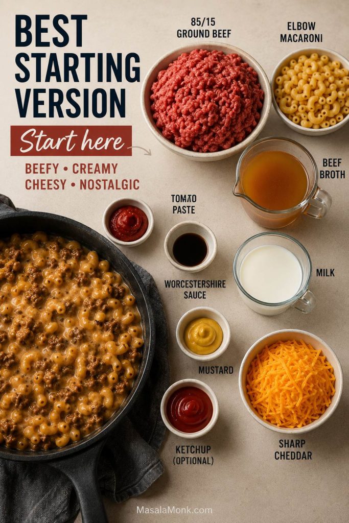 Best starting version ingredients for homemade Hamburger Helper with ground beef, elbow macaroni, broth, milk, cheddar, tomato paste, mustard, Worcestershire sauce, and ketchup.