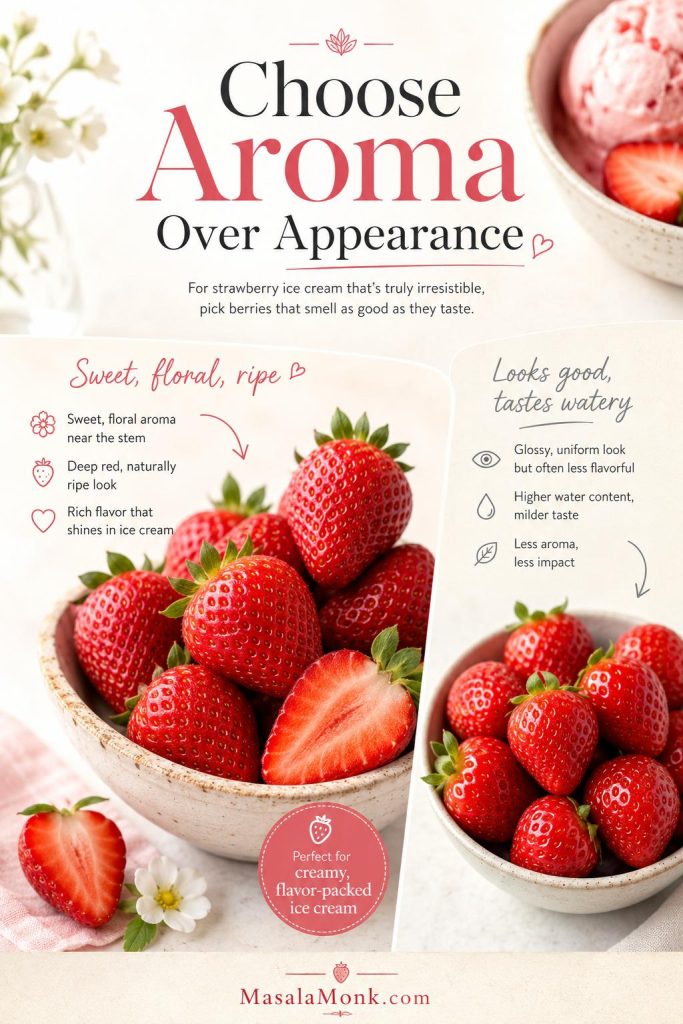 Guide comparing fragrant ripe strawberries with glossy watery strawberries for ice cream