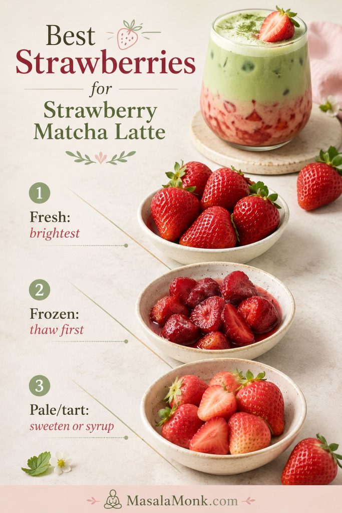 Comparison of fresh ripe strawberries, thawed frozen strawberries, and pale tart strawberries for strawberry matcha latte.