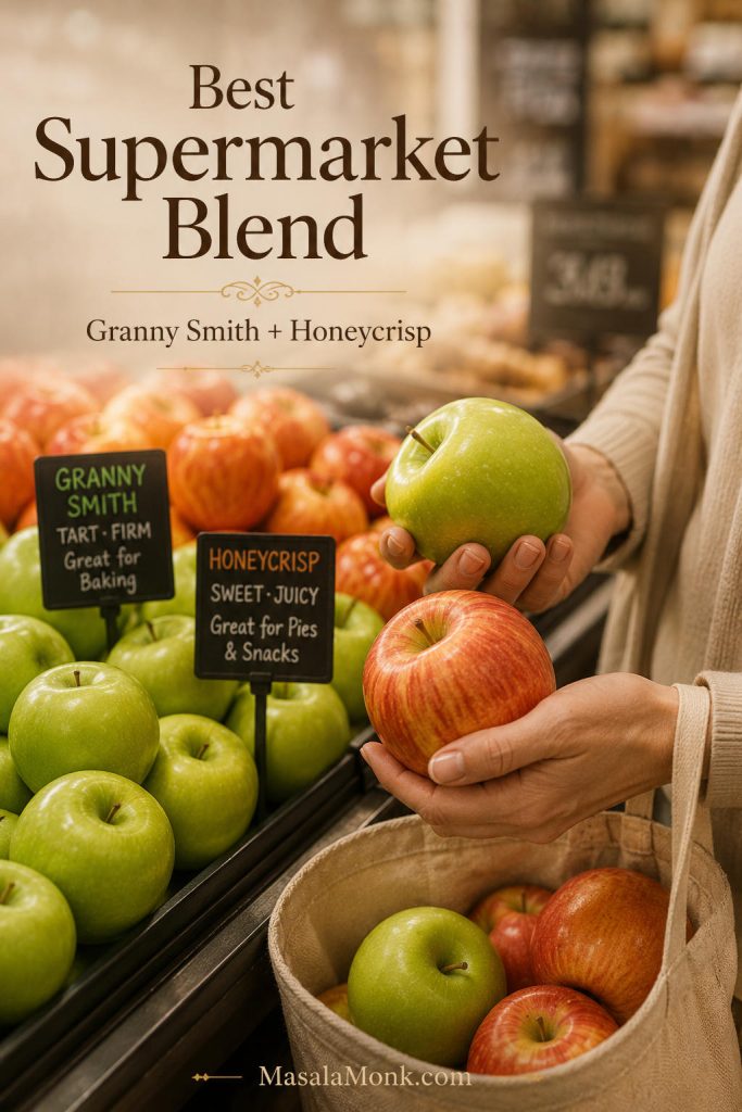 A grocery-store apple selection scene showing Granny Smith and Honeycrisp apples as an easy supermarket blend for apple pie.