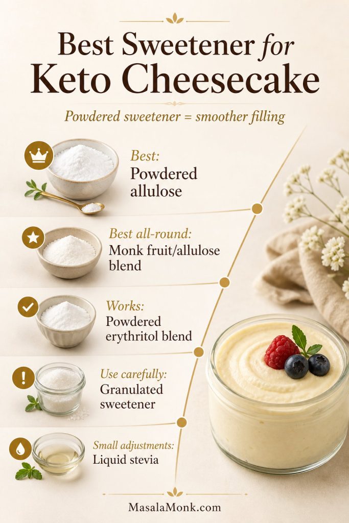 Keto cheesecake sweetener guide comparing powdered allulose, monk fruit allulose blend, erythritol blend, granulated sweetener, and liquid stevia.