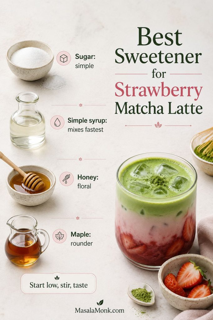 Sweetener guide for strawberry matcha latte with sugar, simple syrup, honey, maple syrup, and a small drink cue.
