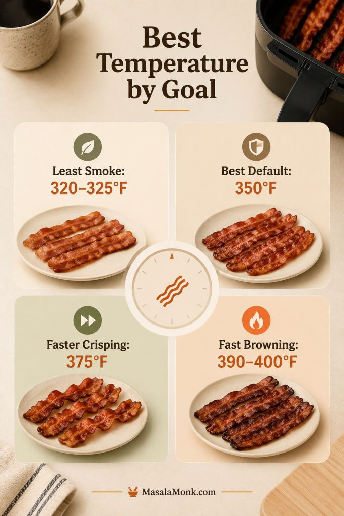 Temperature guide for air fryer bacon showing lower smoke, best default, faster crisping, and fast browning settings.