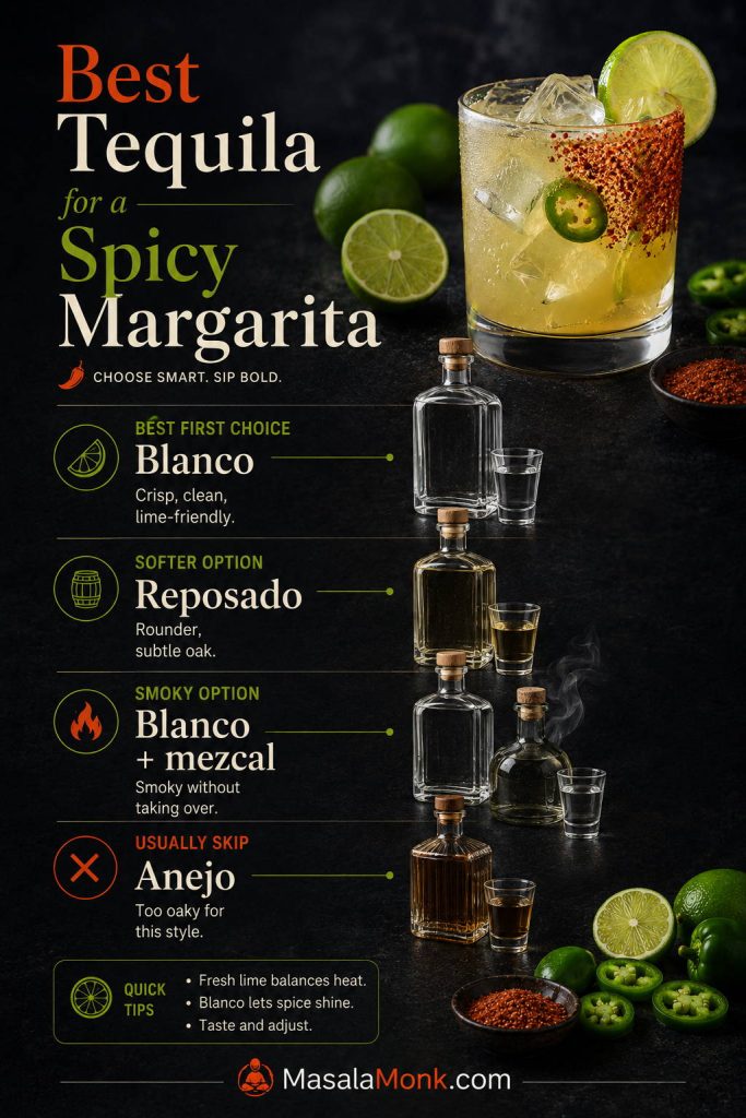 Tequila chooser board for spicy margaritas showing blanco tequila, reposado tequila, blanco with mezcal, and añejo as an option to skip.