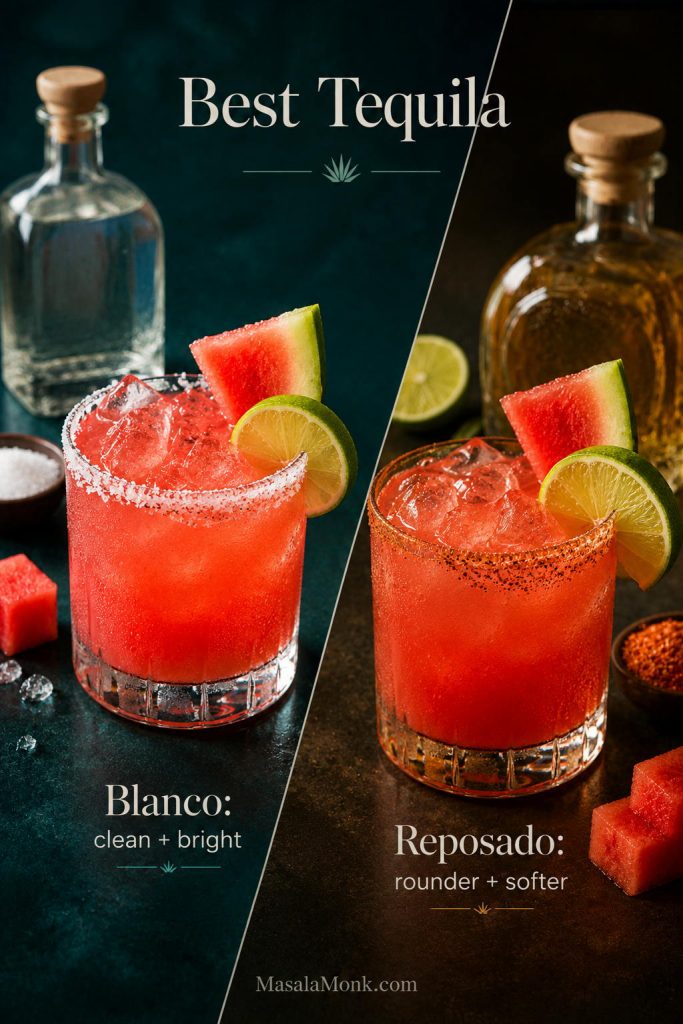 Blanco and reposado tequila comparison for watermelon margaritas, with two watermelon-colored cocktails and bottle cues.