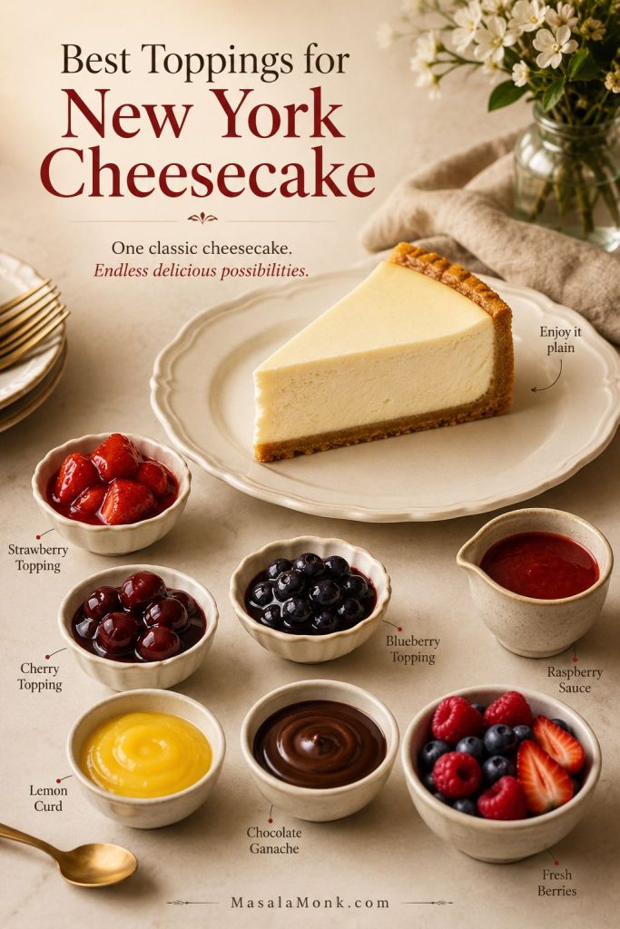 Plain New York cheesecake slice surrounded by strawberry, cherry, blueberry, raspberry sauce, lemon curd, chocolate ganache, and fresh berries.