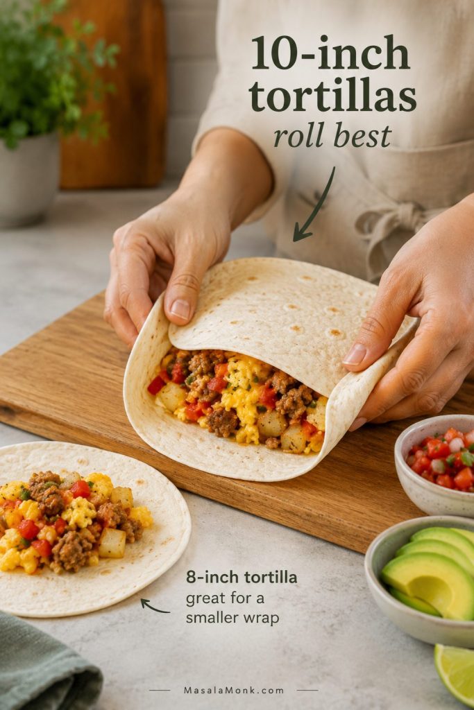 Hands folding a ten-inch tortilla around breakfast burrito filling with a smaller tortilla shown nearby as a wrap option.