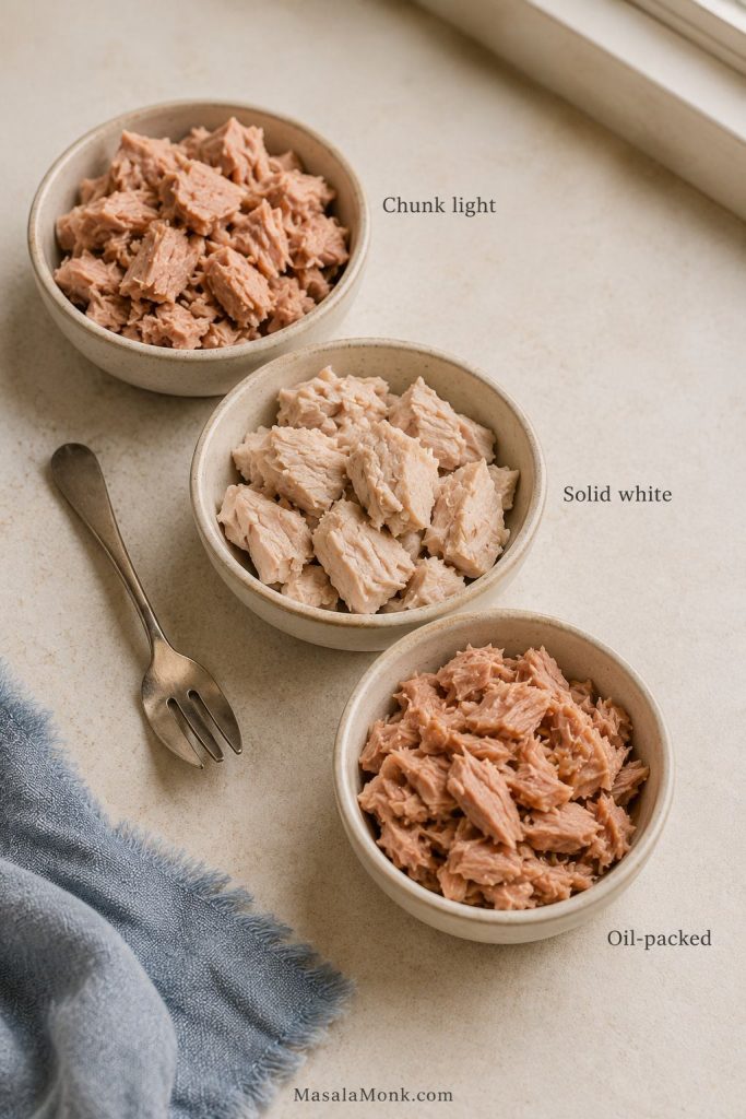 Chunk light tuna, solid white albacore, and oil-packed tuna compared in small dishes for tuna noodle casserole.