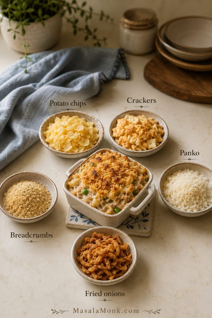 Potato chips, crackers, panko, breadcrumbs, and fried onions compared as toppings for tuna noodle casserole.
