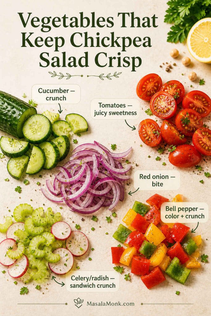 Vegetable guide for chickpea salad featuring cucumber, cherry tomatoes, red onion, bell pepper, and celery with short usage notes.