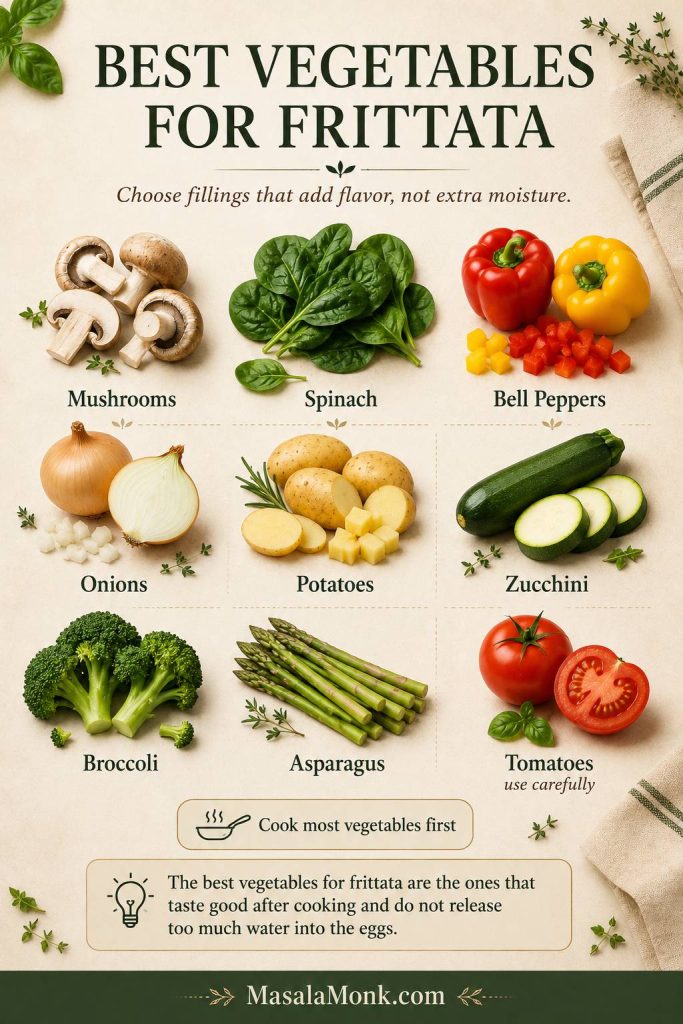 Vegetable guide for frittata showing mushrooms, spinach, peppers, onions, potatoes, zucchini, tomatoes, and broccoli.