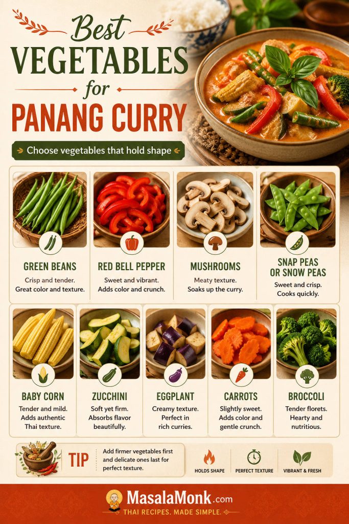 Vegetable guide for Panang curry showing green beans, red bell pepper, mushrooms, snap peas, baby corn, zucchini, eggplant, carrots, and broccoli.