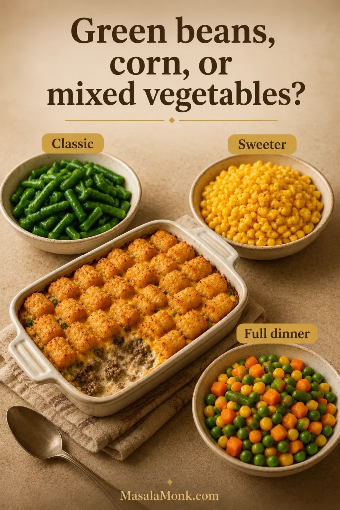 Green beans, corn, and mixed vegetables shown as options for tater tot casserole with a baked casserole dish