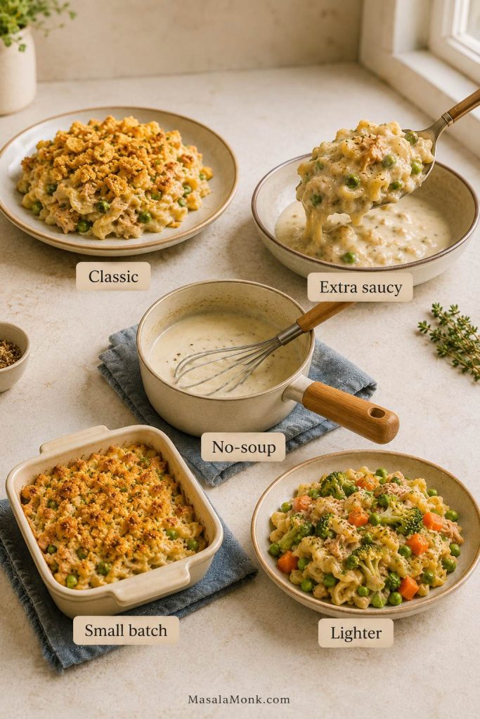 Five tuna noodle casserole version cues showing classic, extra saucy, no-soup, small batch, and lighter options.