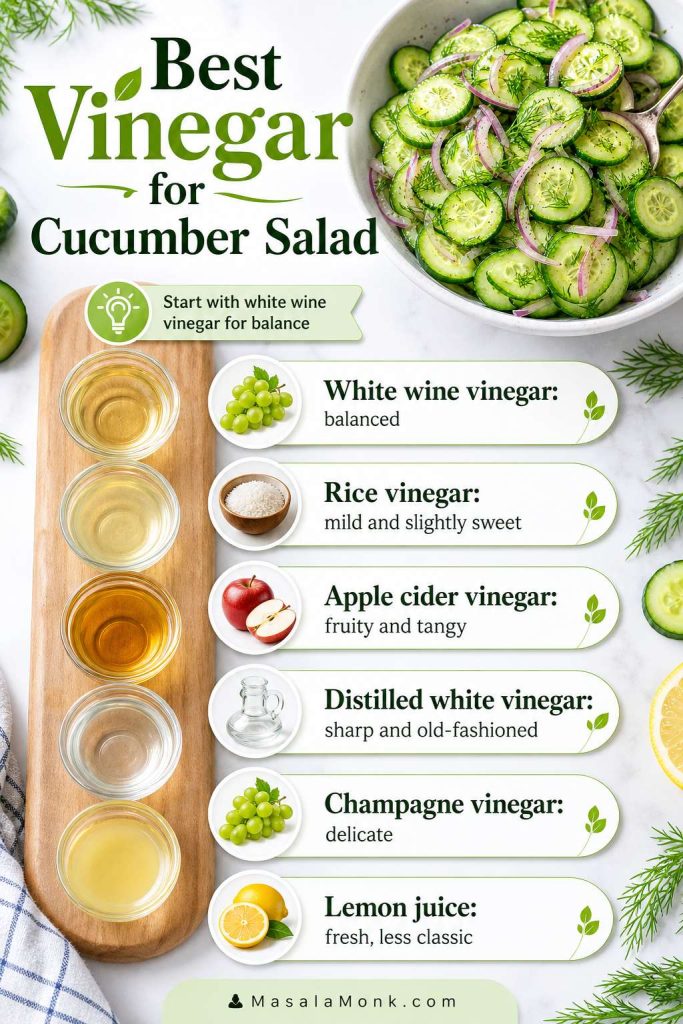 Vinegar guide comparing white wine vinegar, rice vinegar, apple cider vinegar, distilled white vinegar, champagne vinegar, and lemon juice for cucumber salad.
