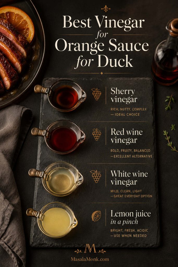Vinegar choices for orange sauce for duck including sherry vinegar, red wine vinegar, white wine vinegar, and lemon juice