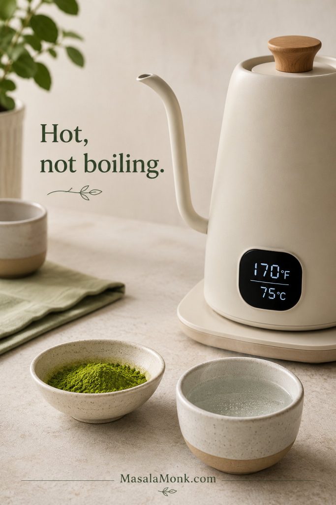 Digital kettle showing 170°F and 75°C beside matcha powder and hot water