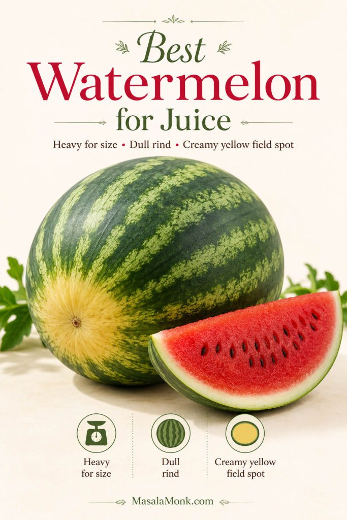 Whole watermelon with a creamy yellow field spot and ripe red cut fruit used as a guide for choosing watermelon for juice.