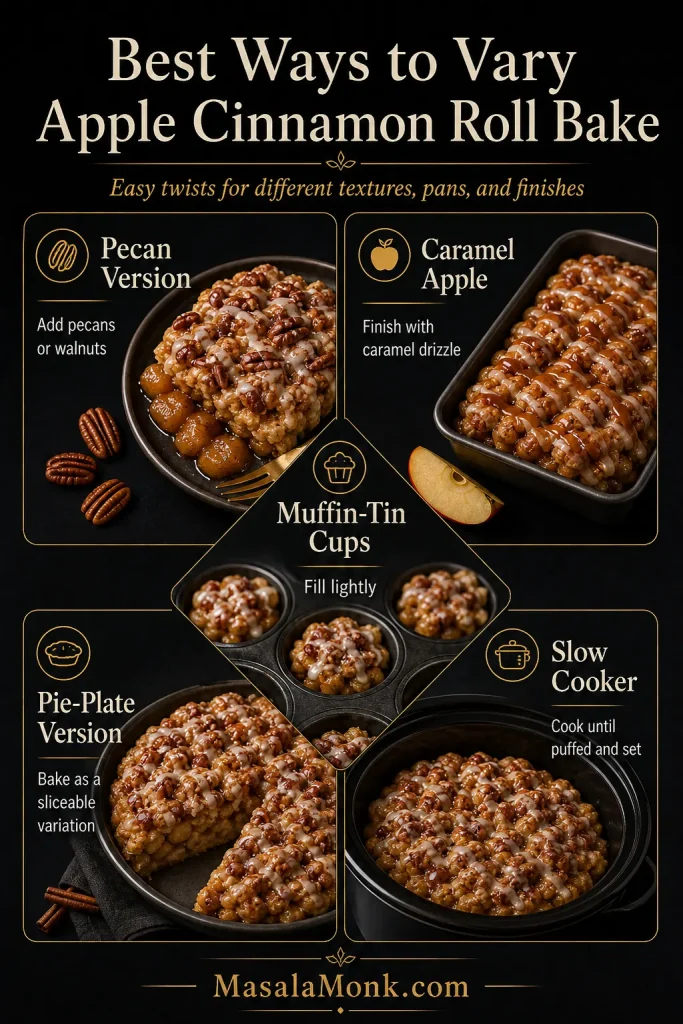 Variation guide for apple cinnamon roll bake showing pecan, caramel apple, muffin-tin cups, pie-plate version, and slow cooker options.