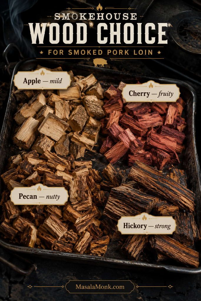 Apple, cherry, pecan, and hickory wood chunks arranged for choosing the best wood for smoking pork loin