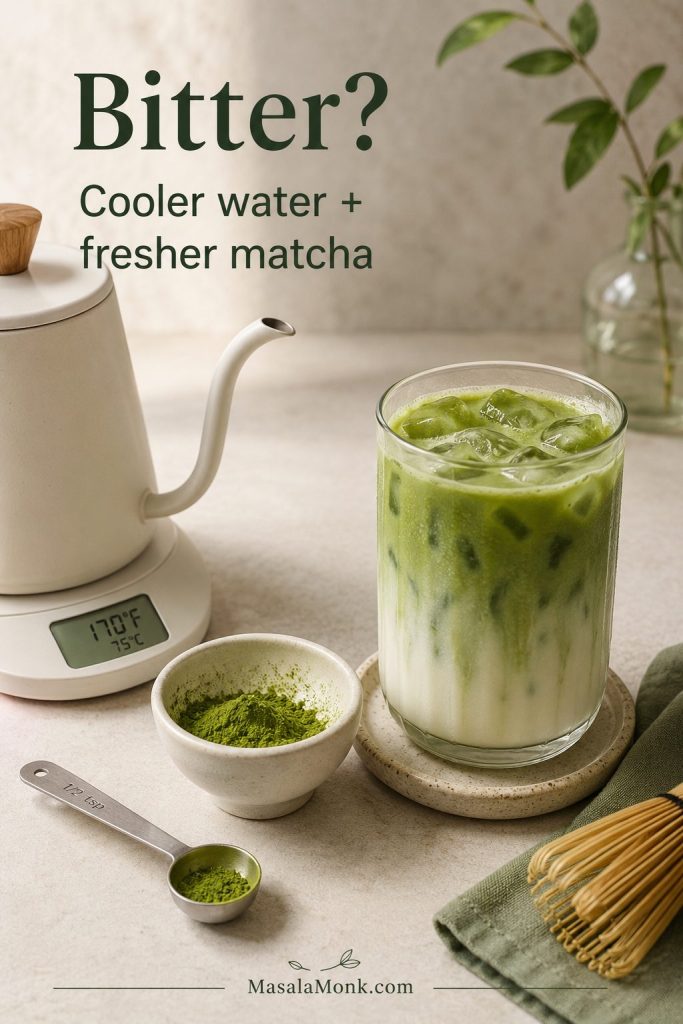 Iced matcha latte beside kettle temperature reading, matcha powder, and a small measuring spoon