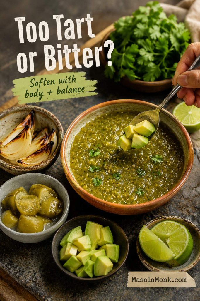 Salsa verde with avocado, roasted onion, cooked tomatillo, cilantro, and lime used to fix bitter or tart flavor