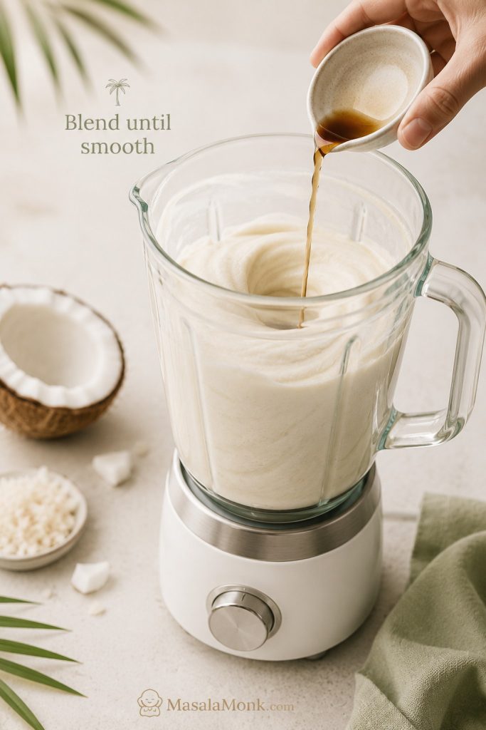 Coconut ice cream base blending in a clear blender jar while ingredients are added.