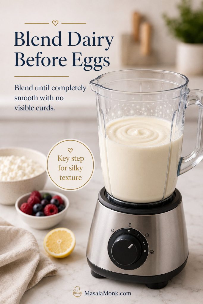 Cottage cheese cheesecake filling being blended smooth in a blender before eggs are added