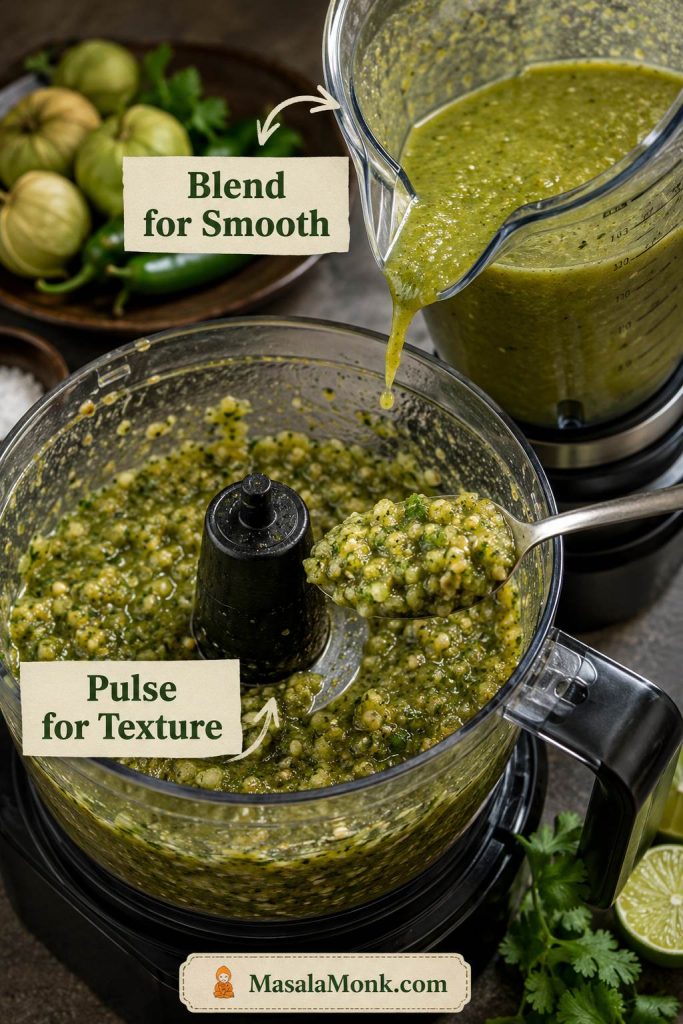 Salsa verde in a food processor with a spoonful of chunky salsa and a blender nearby for a smoother texture