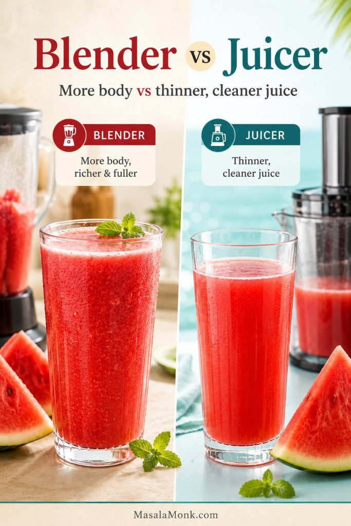 Comparison of blender and juicer methods for watermelon juice, showing fuller blended juice and thinner juiced watermelon.