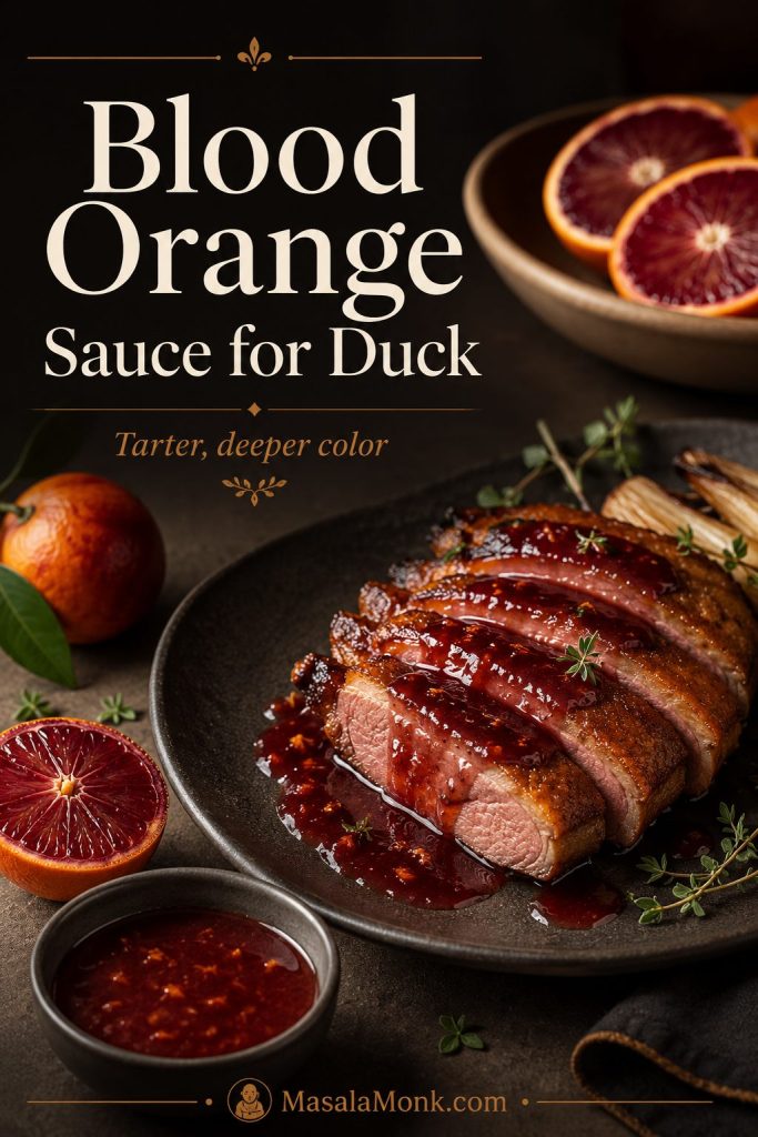 Blood orange sauce for duck with ruby-orange sauce, sliced duck, and cut blood oranges
