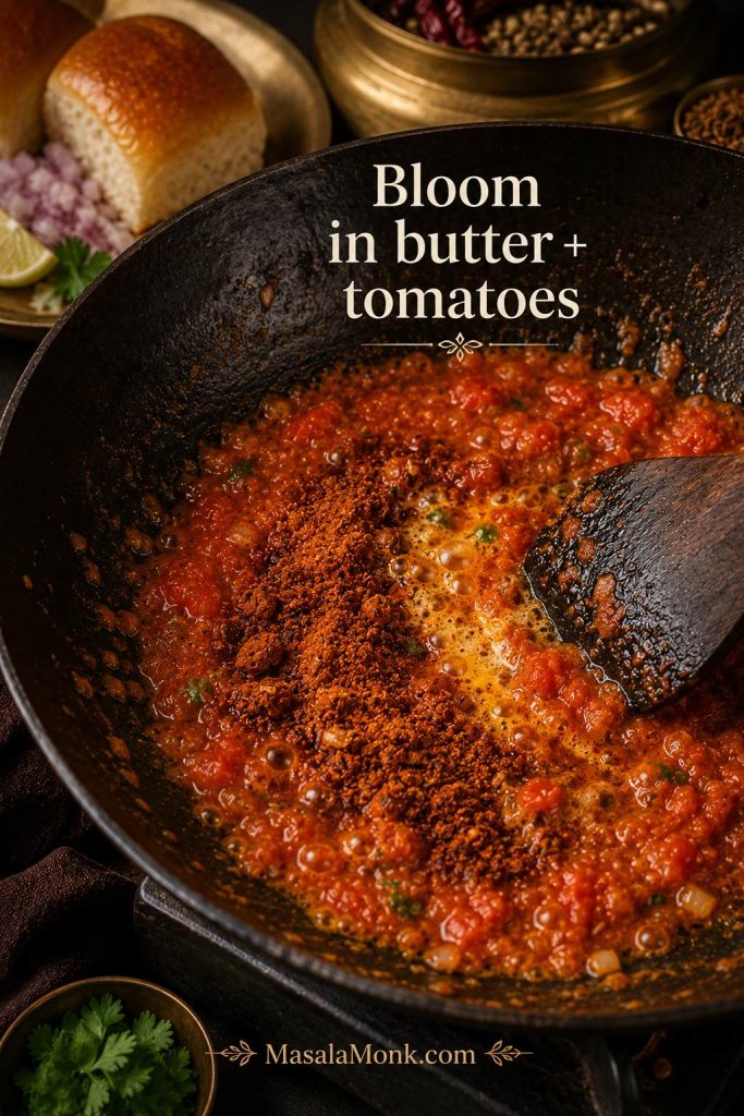 Pav bhaji masala blooming in butter and softened tomatoes in a dark pan with a spatula stirring the glossy red-orange base.