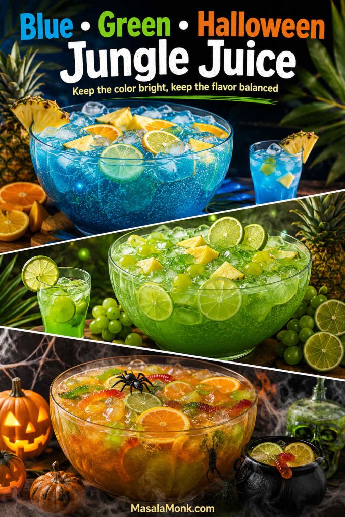 Three colorful jungle juice variations showing blue punch with citrus, green punch with lime and grapes, and Halloween punch with spooky garnish.