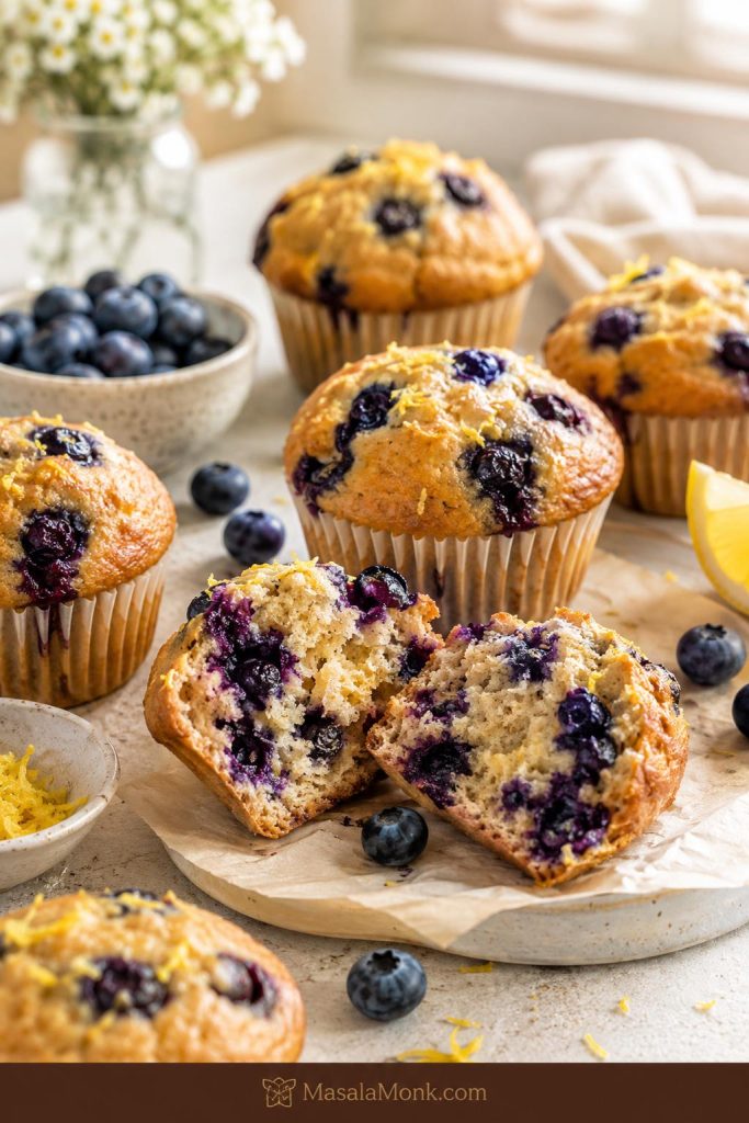 Blueberry lemon high protein muffins with one muffin split open to show a soft crumb and blueberry pockets.