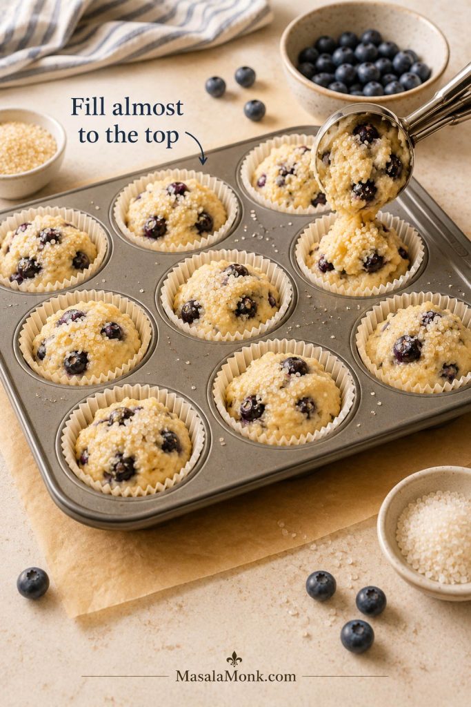 Blueberry muffin batter filled almost to the top of lined muffin cups with coarse sugar sprinkled over it.
