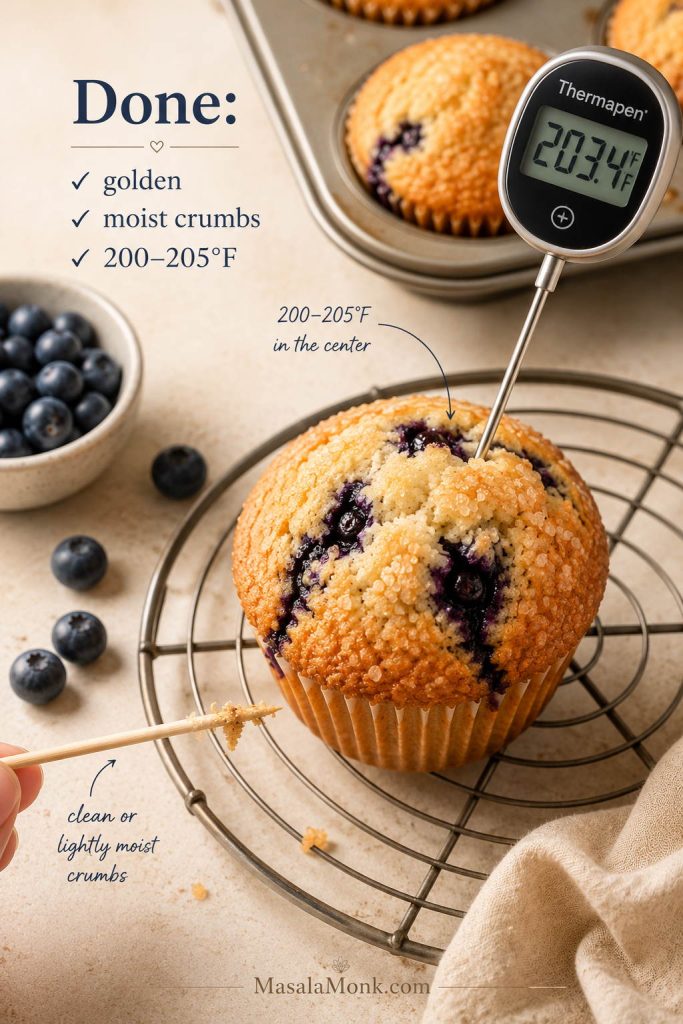 Blueberry muffin doneness guide with a golden muffin, toothpick crumbs, and thermometer reading about 203°F.