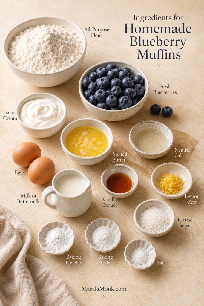 Ingredients for blueberry muffins including blueberries, flour, sour cream, butter, eggs, milk, vanilla, lemon zest, and coarse sugar.