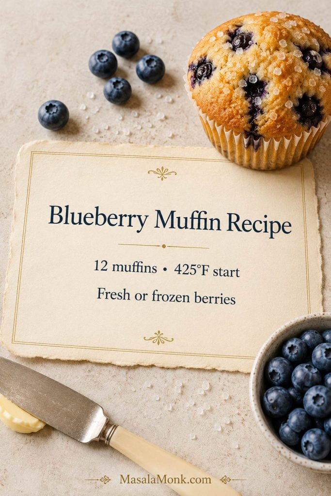 Blueberry muffin recipe card beside a golden muffin, blueberries, coarse sugar, and a butter knife.